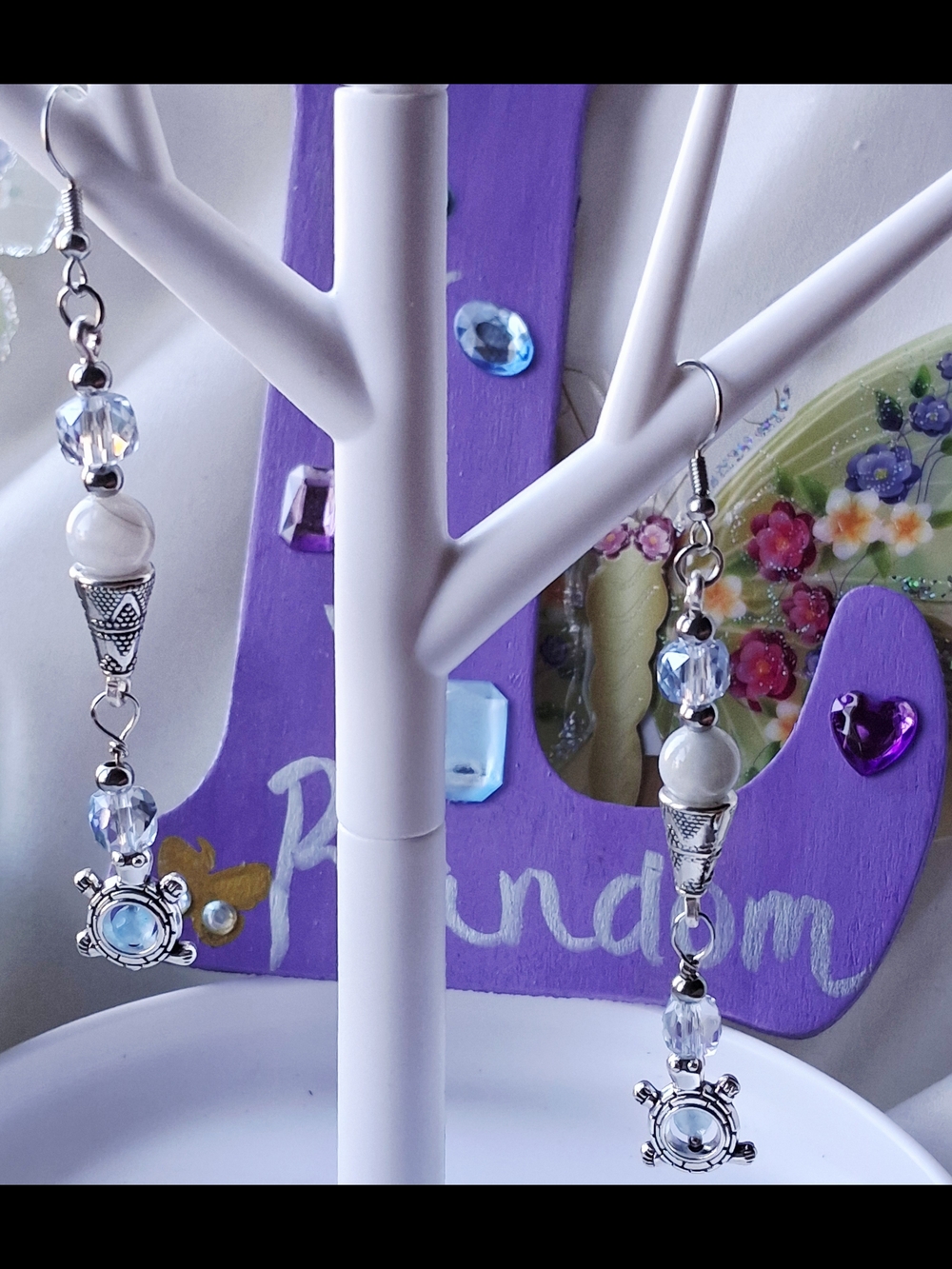 Handcrafted Silver-Tone Blue and White Bead Drop Earrings